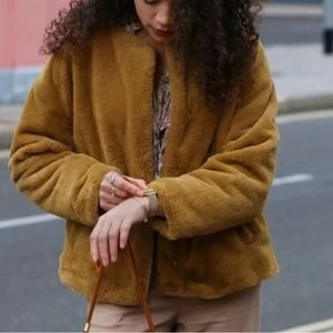 Zara TRF Collection Mustard Yellow Teddy Button Up Jacket Size M women
